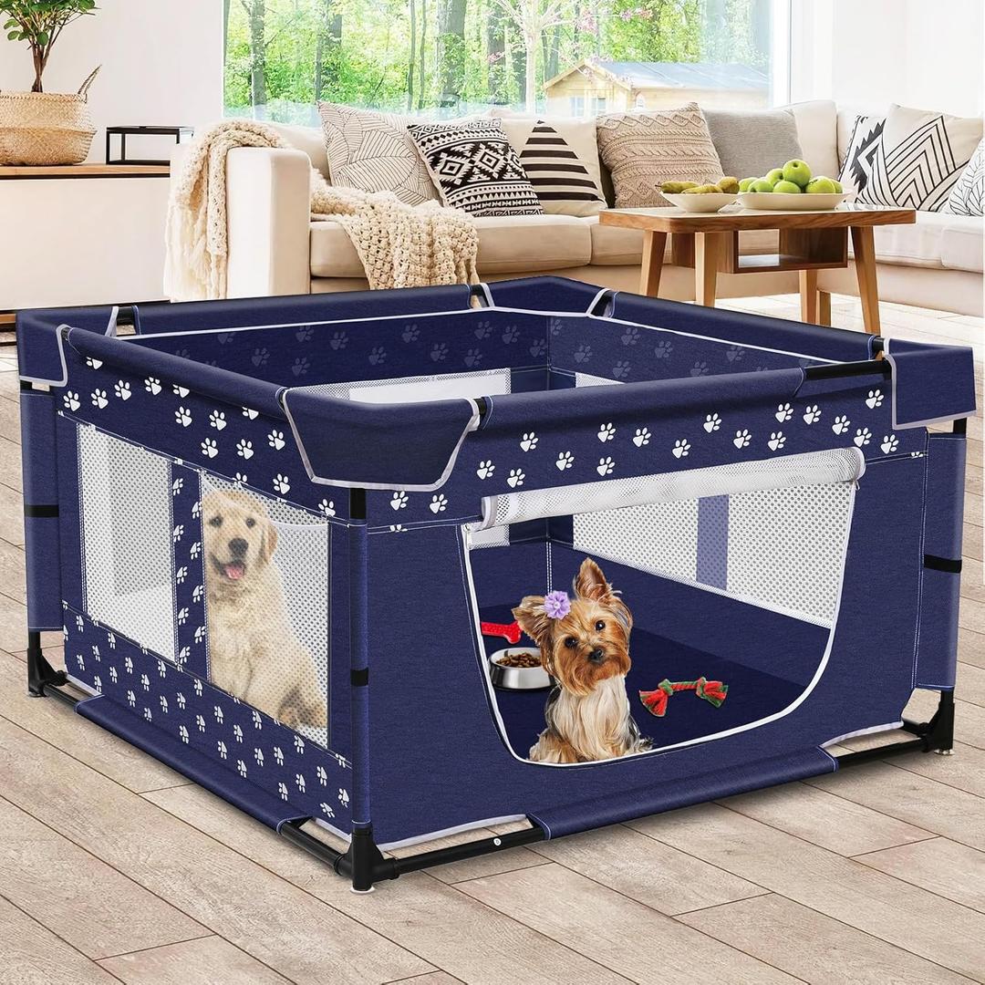 Puppy Playpen, 43.3x43.3 Inch Large Dog Play Pen for Small Pets Cats with Zipper Gate Dog Fence, Thickened Oxford Fabric Dog Playpen Indoor & Outdoor