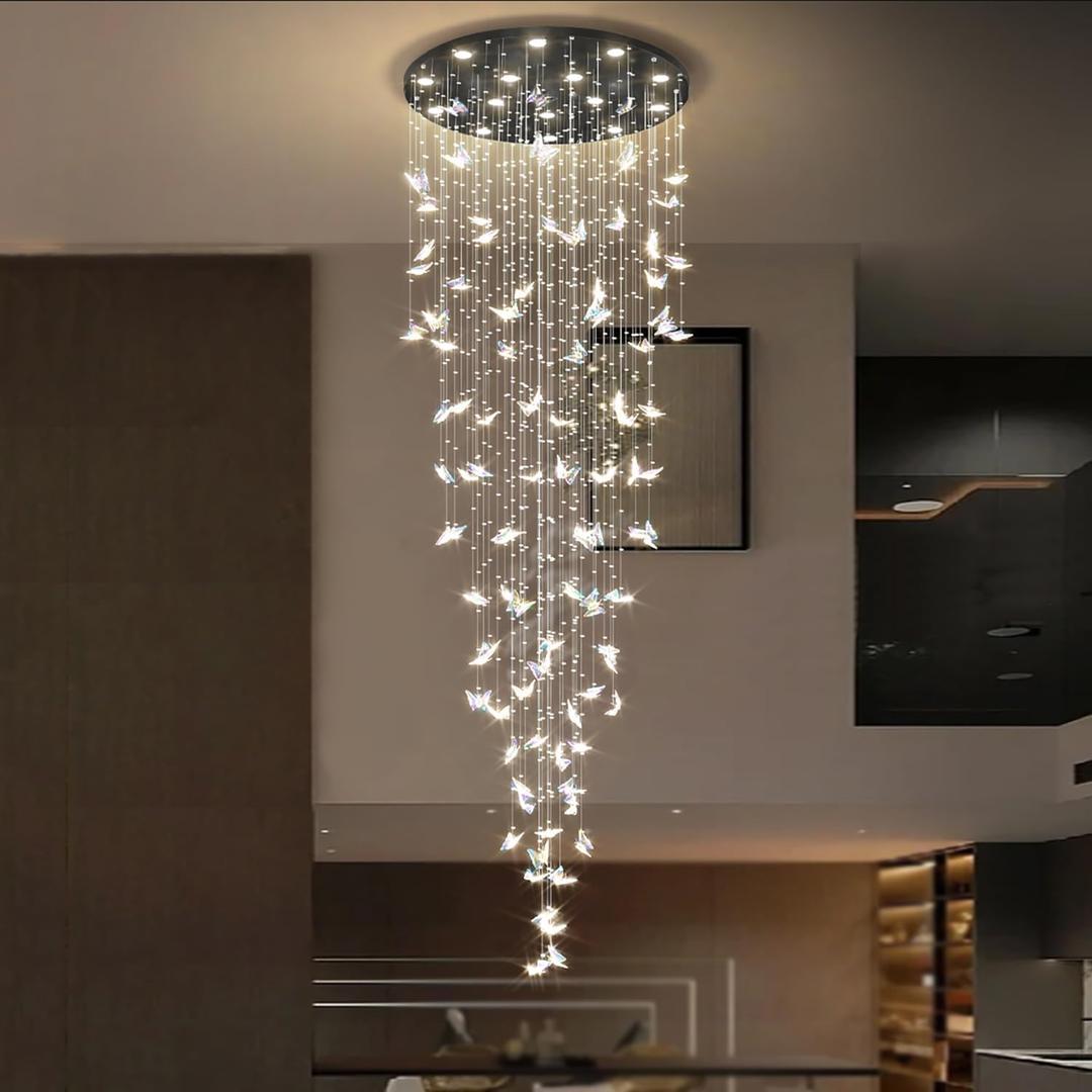 ykolupty Modern Butterfly Crystal Chandelier, LED Large Chandeliers Raindrop Chandelier Lighting Fixture for High Ceiling Foyer Staircase Living Room (Warm White Dimmable) Black