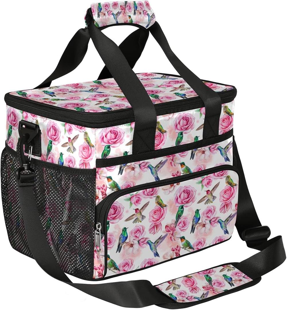 Insulated Lunch Bag, Hummingbird Bird Flower Rose Reusable Lunch Box Leakproof Cooler Tote Bag Large Lunchbox Freezable Lunch Bag with Adjustable Shoulder Strap for Women Men Picnic Work Beach