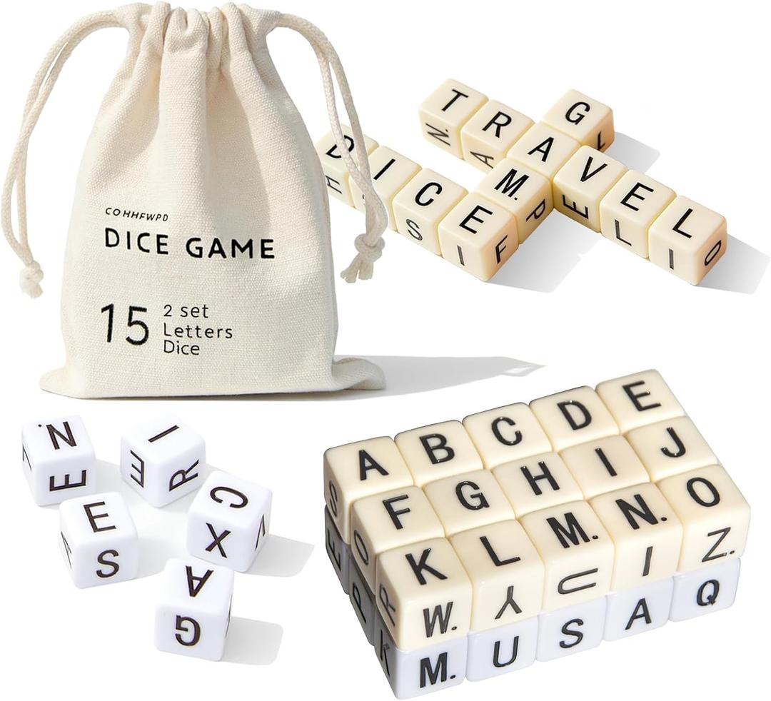 Full Alphabet Crossword Dice Game | Upgraded | 2 Sets of Word Dice - 30 Large Lettered Dice | Fun Family, Travel & On-the-Go Word Game (Yellow+white)