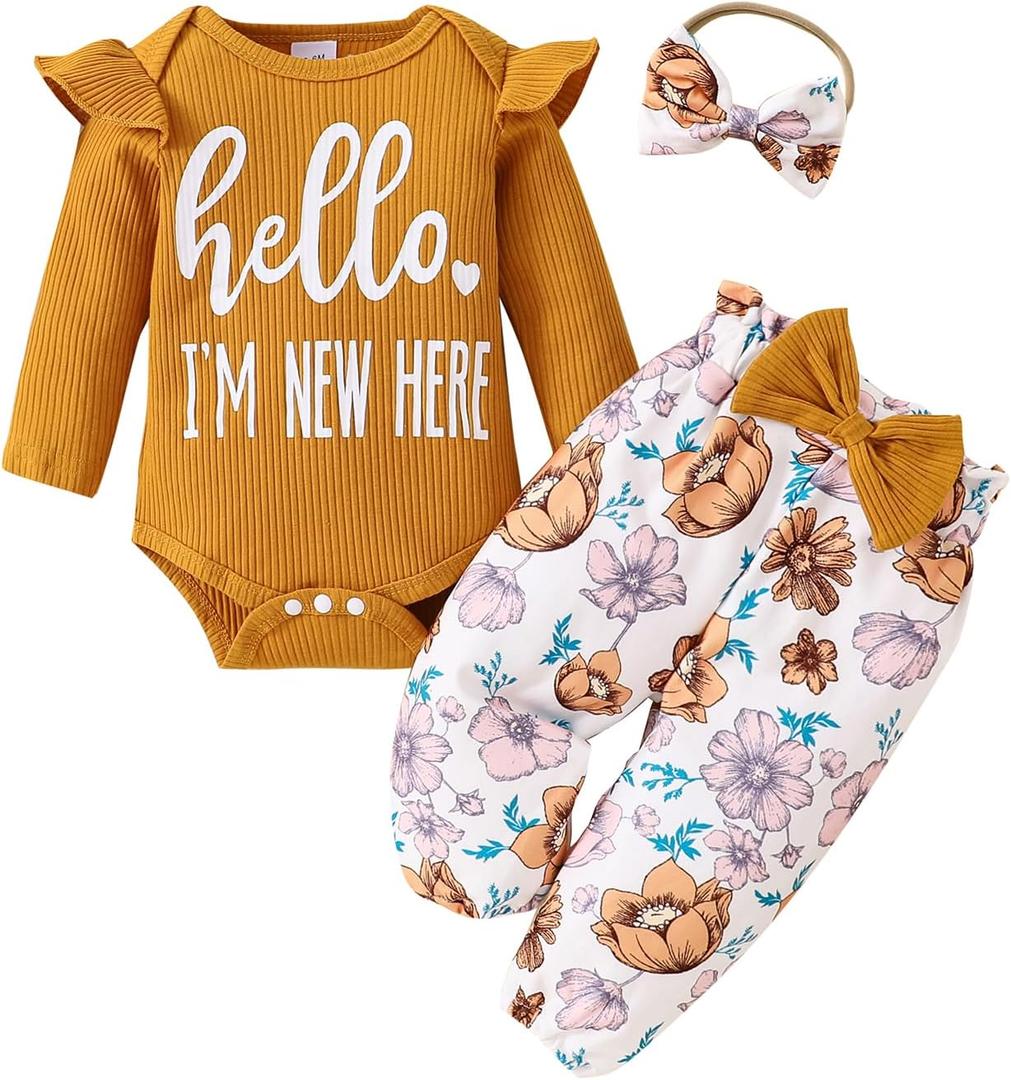 Baby Girl Clothes,Newborn Girl Outfit Long Sleeve Ruffle Romper Floral Long Pants Headband 3 PCS Fall Winter Clothing (0-3 Months, Brown)
