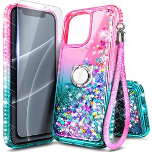 NGB Supremacy Designed for iPhone 12/ 12 Pro Case with [Tempered Glass Screen Protector & Ring Holder/ Lanyard Wrist Strap] for Girls Women Kids, Glitter Liquid Bling Cute Sparkle Cover (Pink/ Aqua)