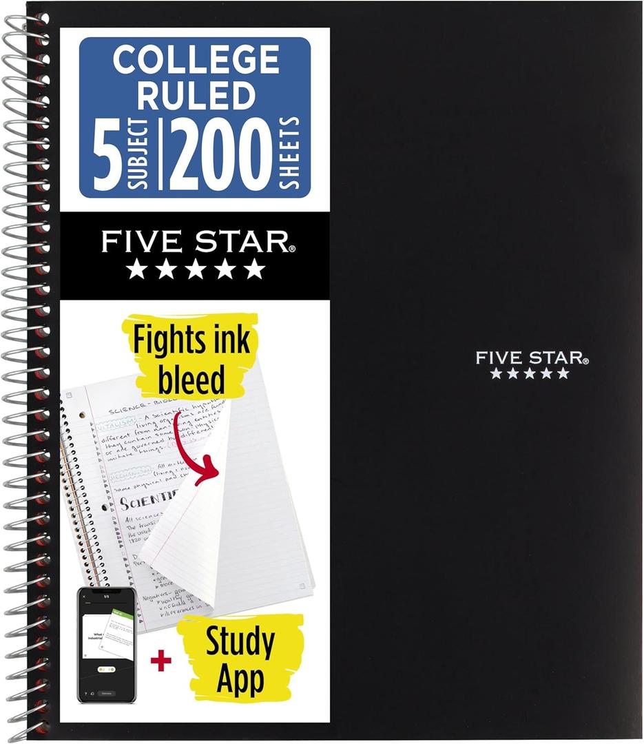 Five Star Spiral Notebook + Study App, 5 Subject, College Ruled Paper, 8-1/2" x 11", 200 Sheets, Fights Ink Bleed, Water Resistant Cover, Brown