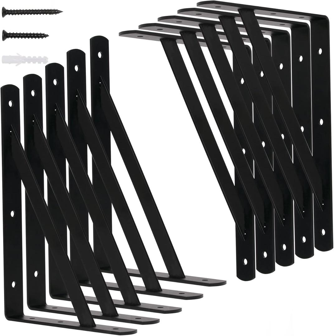10 Pack- L12" x H 8" Shelf Triangle Brackets, 12inch Heavy Duty Metal Wall Shelf Support Corner Brace Joint Right Angle L Brackets for Floating Shelves Black with Screw
