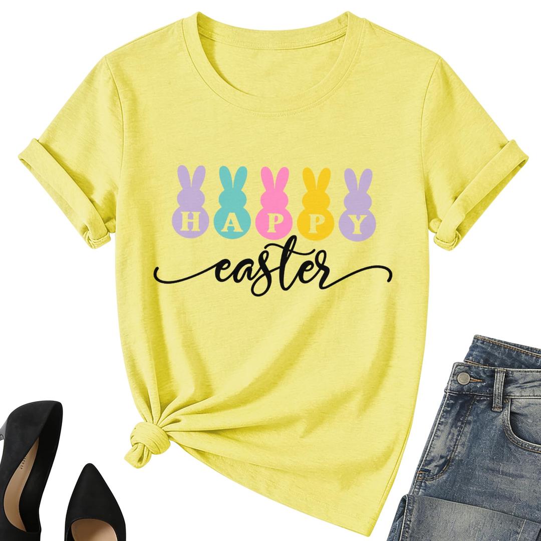 Happy Easter Shirt for Women-Cute Easter Rabbit Tee Tops Spring Colored Bunny Short Sleeve (S)