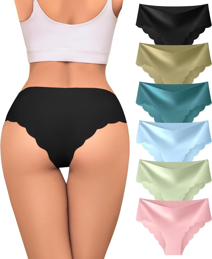 Sexy Seamless Underwear Wave Edge No Show Bikini Panties V-waist Ice Silk Hipster Lady Cheeky Invisibles Briefs 6 Pack (Medium)