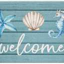 Jvpke Beach Welcome Mat for Front Door, Beach Door Mat, Starfish Seashell Seahorse Beachy Door Mats Indoor Outdoor Entrance Porch, Ocean Beachy Baths Mats for Bathroom, 17x30 Inches
