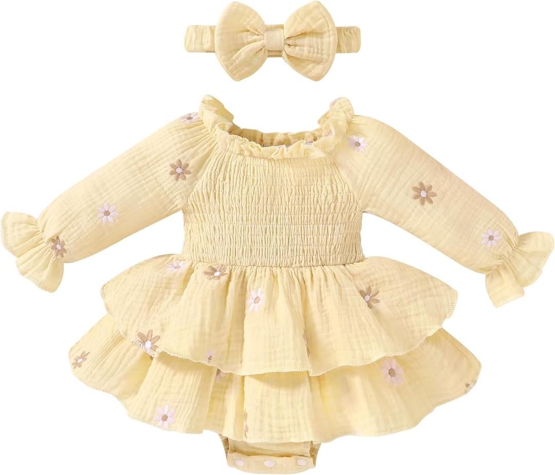 Happy Town Baby Girl Romper Cute Infant Girls Cotton Clothes Long Sleeve Dress with Headband Fall Winter Outfits (Yellow)