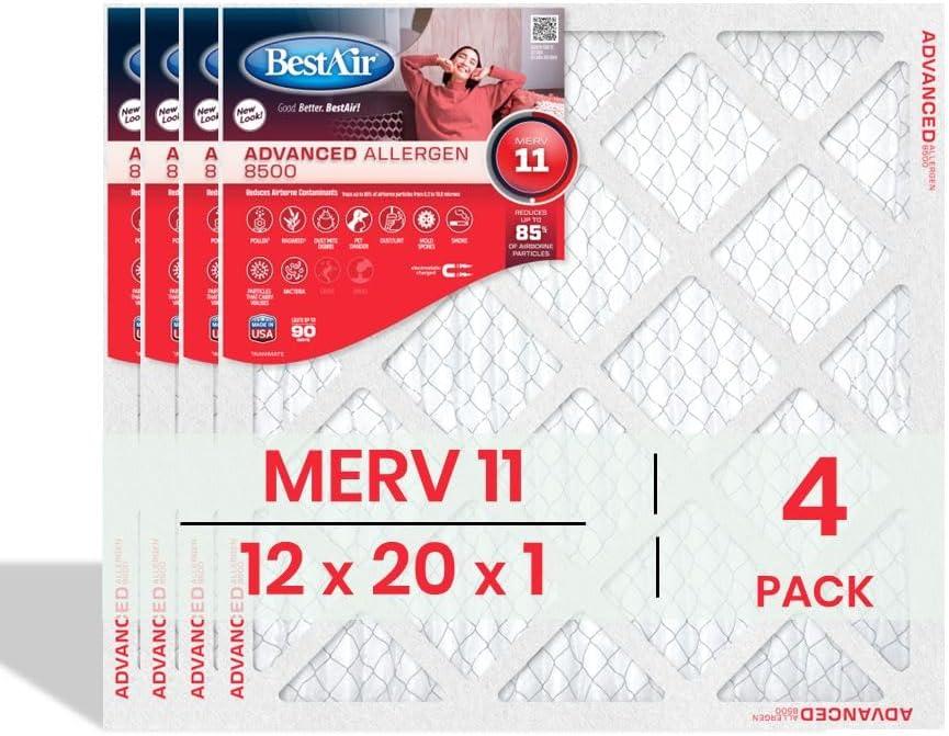 BestAir 12x20x1 Air Filter (4-Pack) | MERV 11 Advanced Allergen 8500 HVAC AC Furnace Filter | Replacement Air Filter for Residential & Commercial Use | Made in USA | Actual Size (11.75 x 19.75 x 0.75)
