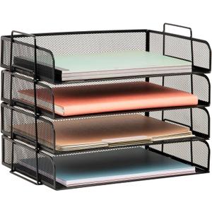 Mind Reader Stackable Paper Tray, Desktop Organizer, File Storage, Office, Metal Mesh, 4 Pcs., Black (13.3" x 9.8" x 11.3")