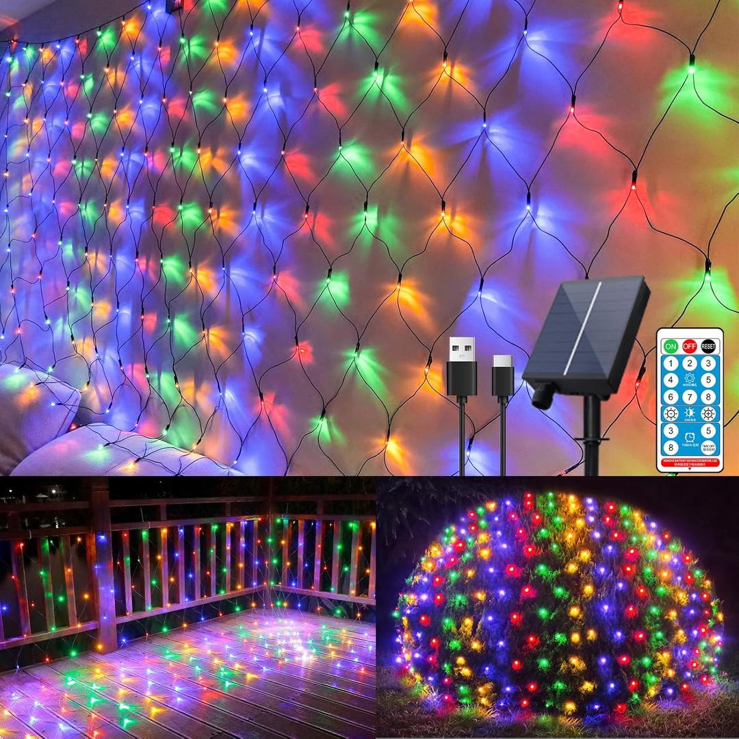 11.5ft x 5ft Solar Net Lights Outdoor, Solar & USB 2 Power Way 240 LED Waterproof Mesh Lights for Bushes, Remote Control 8 Modes String Light Trees Patio Garden Christmas Indoor Decor (Multicolor)