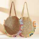 Tote Bag, Bohemian Straw Bag, Large Capacity Beach Bag, Colorful Floral Woven Bag, Shoulder Bag for Women Travel Vacation Work Daily Matching(Beige)