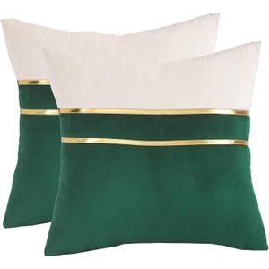 Tosleo Christmas Green Velvet Splicing Throw Pillow Covers 20x20 Inche Pack of 2 with Gold Leather,Soft Decorative Pillow Cover with Gold Leather Farmhouse Couch Pillow Case Square Cushion Case (Z-dark Green)