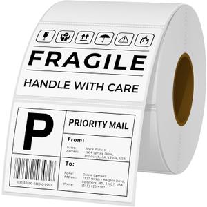 3x2in Thermal Labels Adhesive Direct Thermal Sticker Labels with Perforated Line, 1000 Sheets/1 Roll, White, for Barcode, Product, Inventory, Address, Mailing