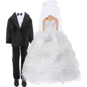 Wedding Outfit Set Including 1 White Wedding Dress with Veil 1 Formal Business Suit 2 Shoes,Bride Gown Groom Clothes Suit for 11.5 inch Girl & Boy Dolls (NO Doll)