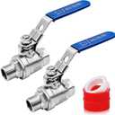 2 Pack 1/2" Ball Valve 304 Stainless Steel Heavy Duty NPT Female x Male Full Port Shut Off Valve with Locking Blue Vinyl Insulation Handle, 2-Piece Construction, 1000WOG for Water, Oil, Gas