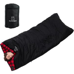 PO PO BEAR Zero Degree Sleeping Bag for Adults 100% Cotton Flannel Tall and Big (84" x 40" Right Zip, 0F Black)