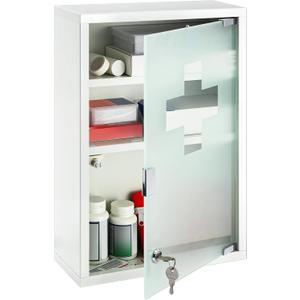 Timgle First Aid Wall Cabinet with Lock Medicine Wall Mounted Bathroom Storage Hanging Medical Cabinet with Safety Glass Door for Bathroom (3 Shelves,White)