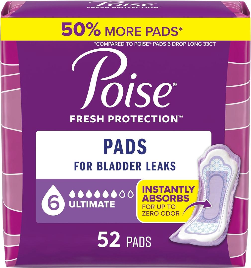 Poise Incontinence Pads & Postpartum Incontinence Pads, 6 Drop Ultimate Absorbency, Regular Length, 52 Count, Packaging May Vary