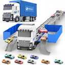 Transformable Truck & 3 Layer Race Track Playset, 62 inch Spring-Powered Track Toddlers Toys with 8 Cars & Parking Garage, Toy Trucks for Kids Ages 3-6, Birthday & Xmas Gifts for Boys Girls (Blue)
