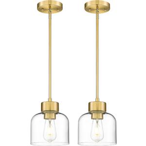 2-Pack Pendant Lights Kitchen Island, 7" Brushed Gold Hanging Lights Fixtures with Clear Glass Shade, Modern Brass Kitchen Pendant Lighting Over Island for Dining Room, AD-24024-1P2-GD
