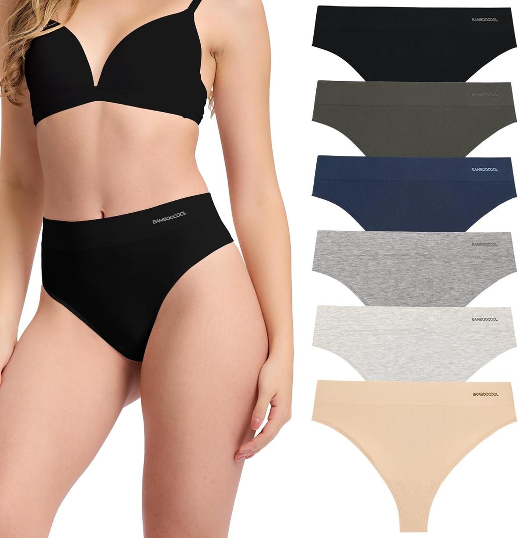 BAMBOO COOL Women's Thongs High Waisted Seamless Moisture-Wicking Breathable Underwear Stretchy Panties Tagless 6 Pack (Large)