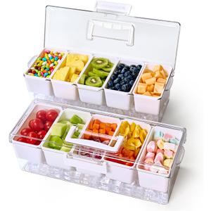 2 Pack Chilled Condiment Tray Server with 5 Removable Compartments Containers & Hidden Handle Design, Ice Chilled Condiment Organizer, Clear Garnish Serving Tray Platter for Camping, Fruit, Salad