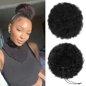 Sidaila 100% Human Hair Afro Puff Drawstring Ponytail for African Black Women Girls丨Short Afro Curly Bun丨Kinky Curly Short Extensions Hairpieces - 1B Natural Black Medium Size - 1 PIECES