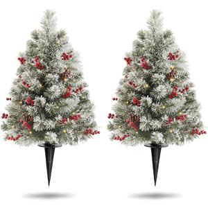 2 Pack Outdoor Christmas Tree 24 INCH, Flocked Christmas Tree with 50 LED Lights, Prelit Small Xmas Tree with Berries and Pine Cones, Pre-Decorated Snowy Xmas Tree for Pathway, Porch 1ft 6in, Snow 