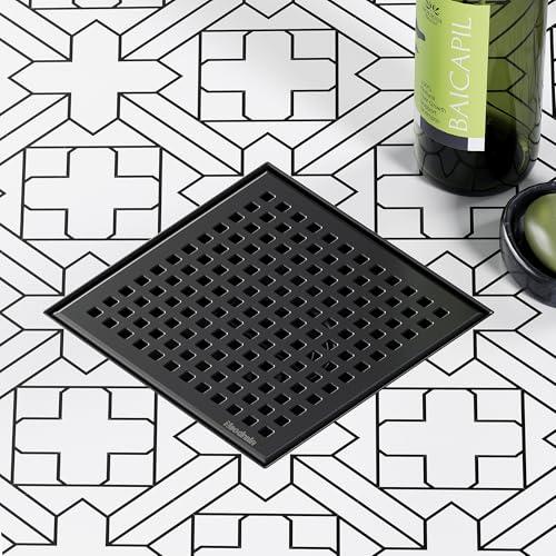 Neodrain 6 Inch Square Shower Drain with Removable Quadrato Pattern Grate, Matte Black 304 Stainless Steel Square Drain, with Watermark&CUPC Certified, Hair Strainer