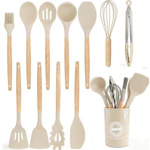 Silicone Cooking Utensil Set,12 PCS Cooking Kitchen Utensils Set, Nonstick Kitchen Utensils 446F Heat-Resistant Cookware Kitchen Tools of Spoon,Brush,Whisk,Spatula,Turner Tongs (Khaki)