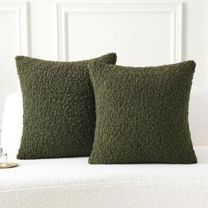 FUTEI Olive Green Throw Pillow Covers 24x24 Inch Set of 2,Furry Faux Fur Teddy Boucle Textured Cushion Covers,Soft Fluffy European Pillow Shams,Home Decor for Couch Bed Living Room Office Car