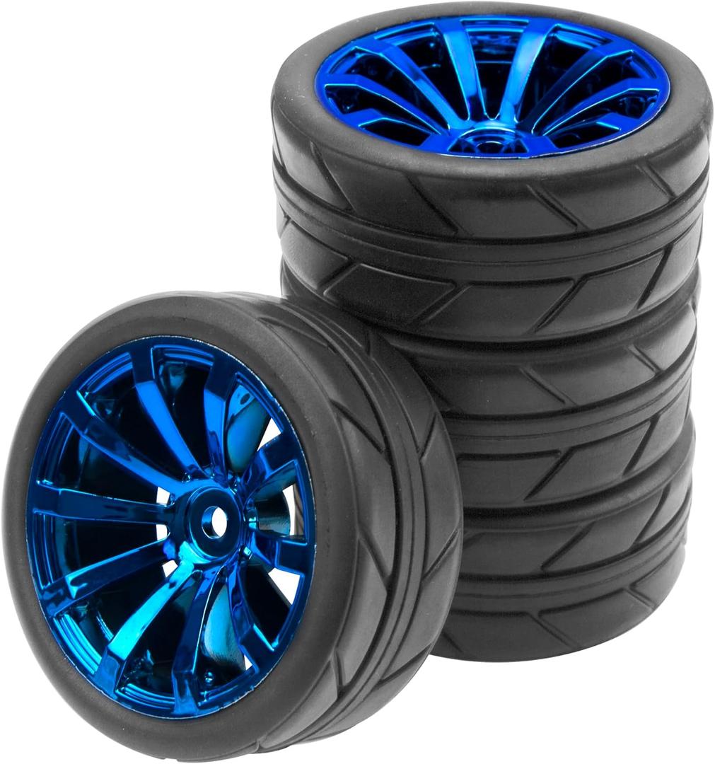 ShareGoo OD 2.55" Rubber Tires w/Plastic Wheel Rims 12mm Hex Compatible with HSP Tamiya Kyosho Traxxas Sakura WLtoys 1/10 RC On Road Racing Touring Car (Blue)