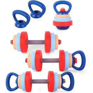Kids Exercise Equipment With 2 Dumbbells and Kettlebell - Adjustable Workout Toy Equipment for Children Pretend Play Exercise - Toddler Beginner Gym & Fitness Family Games for Birthday Gifts