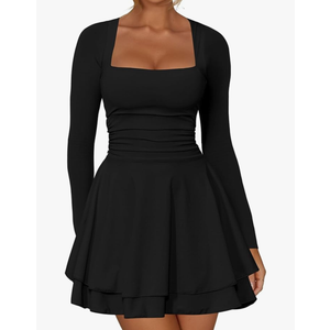 Kaximil Women's Square Neck Ruffle Hem Mini Dress Ruched Waist Long Sleeve Corset Short Party Dresses SMALL