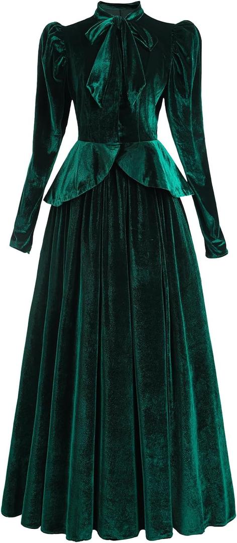 LTAKK Victorian Dress for Women Edwardian Costume Velvet 1800s Dresses Gigot Sleeve Blouses with Skirt, Green, Large