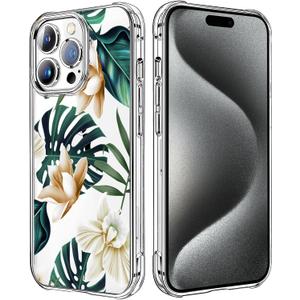 Flower Case Compatible with iPhone 15 Pro Max, Tropical Floral Girls and Women Back Case Cover, Trendy Flower Phone Case, Cute Floral Transparent Flexible TPU Bumper Protective Case