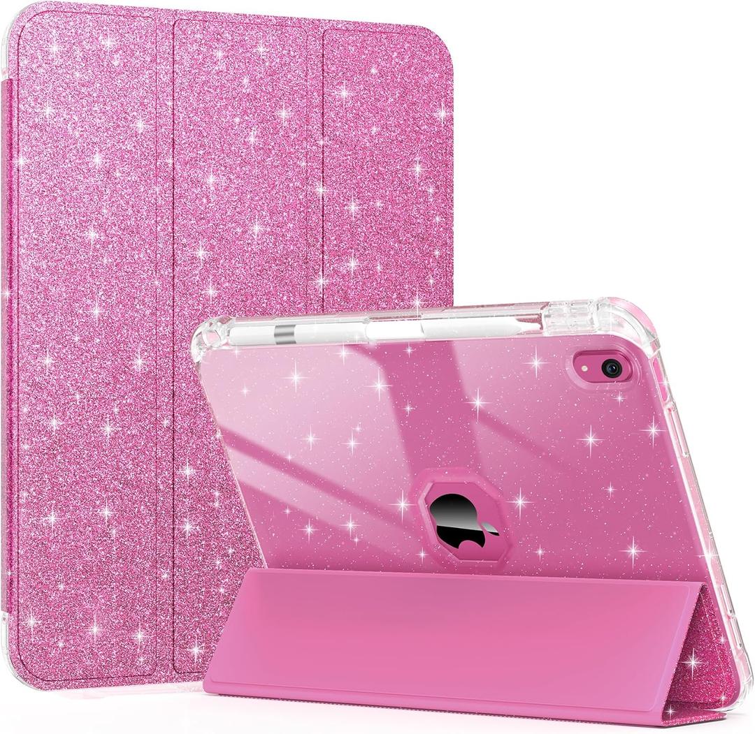Case for iPad (A16) 11th Generation 11 Inch 2025, iPad 10th Generation 10.9 Inch 2022, Glitter Leather & Shiny Clear TPU Back Cover with Pencil Holder, Support Touch ID, Rosepink