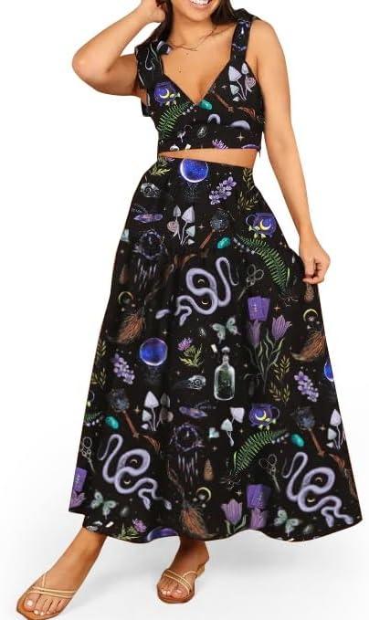 Women 2 Piece Maxi Skirt Set Casual Summer Outfit Halloween Dress V neck Tank Top Travel Vacation Floral Dresses (Black, XL)