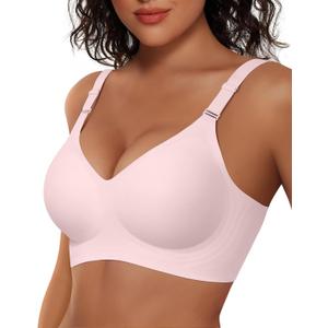 Vertvie Jelly Bra No Underwire Seamless Push Up Full Coverage, Pink, L