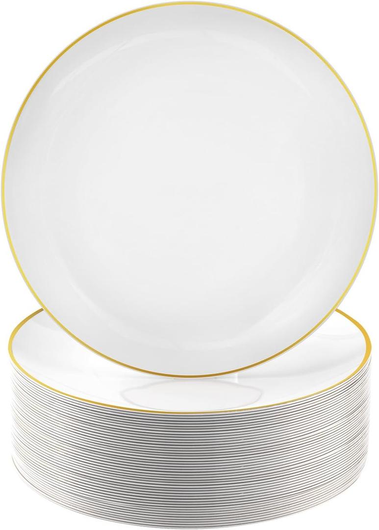 100 PCS Gold and White Plastic Plates, 7 inch White Disposable Plates for Party, Plastic Dessert/Salad Plates
