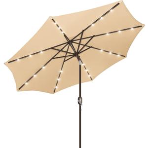 9ft Patio Umbrella with Solar Lights, Outdoor Umbrella with 24 LED Solar Umbrella Lights, Solar Patio Umbrella with Push Botton Tilt & Crank Ideal for Garden, Deck, Backyard & Pool, Brown (Brown)