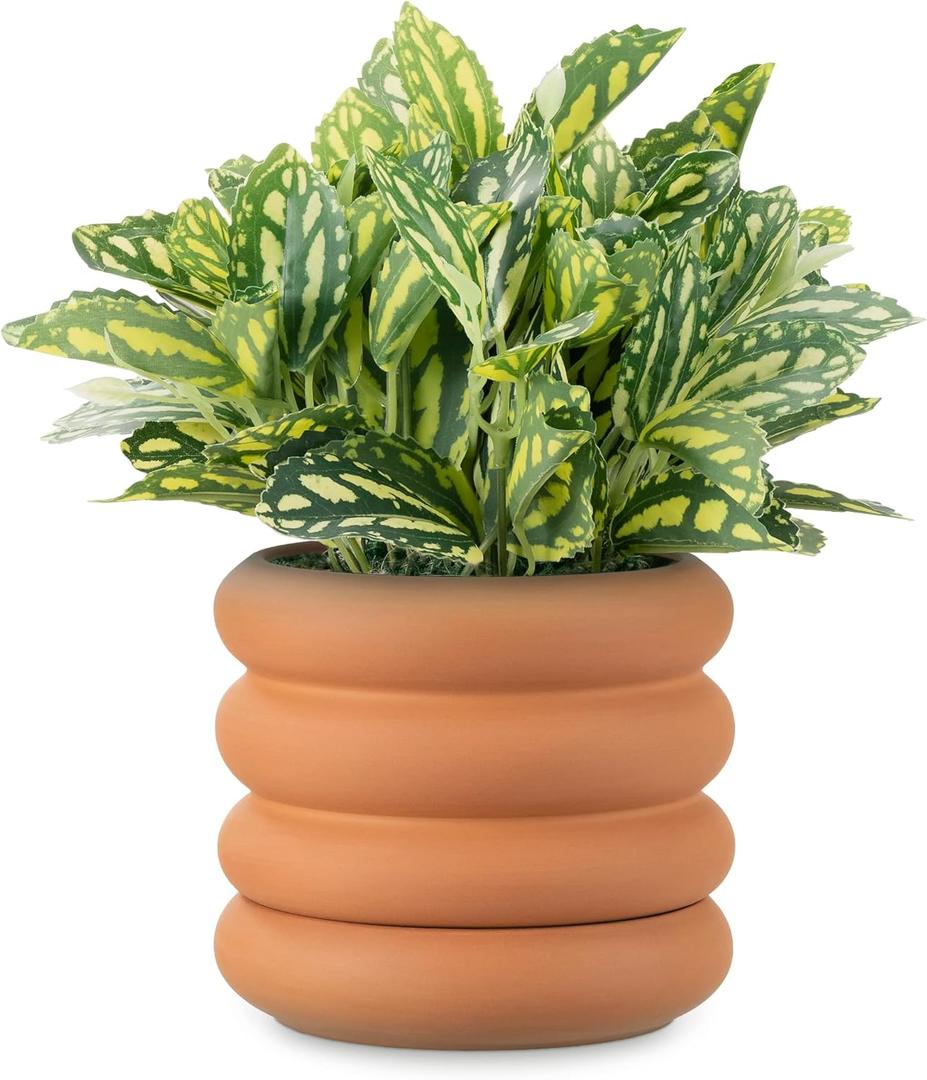 Navaris Ripple Terracotta Outdoor Plant Pot - Ribbed Design, Modern Style with Removable Base Drainage