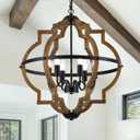 6-Light Farmhouse Wood Pendant Light,22.83'' Vintage Rustic Brown Oak Wood Chandeliers,Retro Industrial Hanging Light Fixtures for Dining Room Entryway, Bedroom