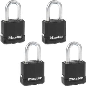 Master Lock Black Key Lock, Heavy Duty Weather Resistant Padlock with Cover, Keyed Alike Padlocks for Outdoor Use, 4 Pack, M115XQLF