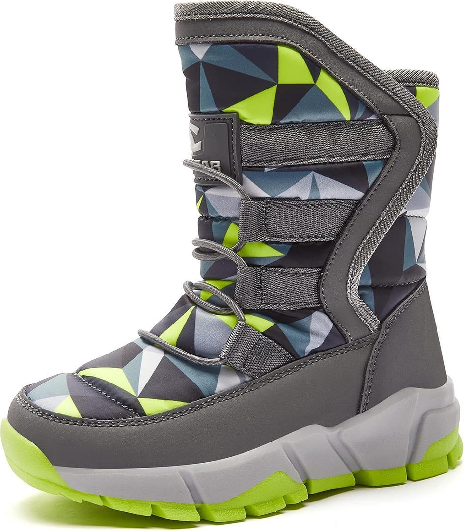 BODATU Boys Snow Boots Outdoor Waterproof Winter Kids Shoes (7 Toddler, Grey/Green)