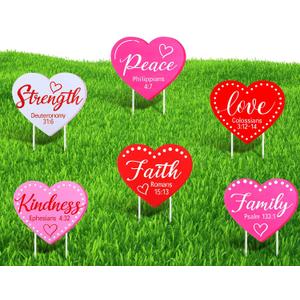 6 Pcs Valentines Day Yard Signs Religious Heart-shaped Lawn Sign Valentine Bible Verse Heart Yard Decoration with Stakes for Church Outdoor Wedding Anniversary Patio Pathway Garden Decor