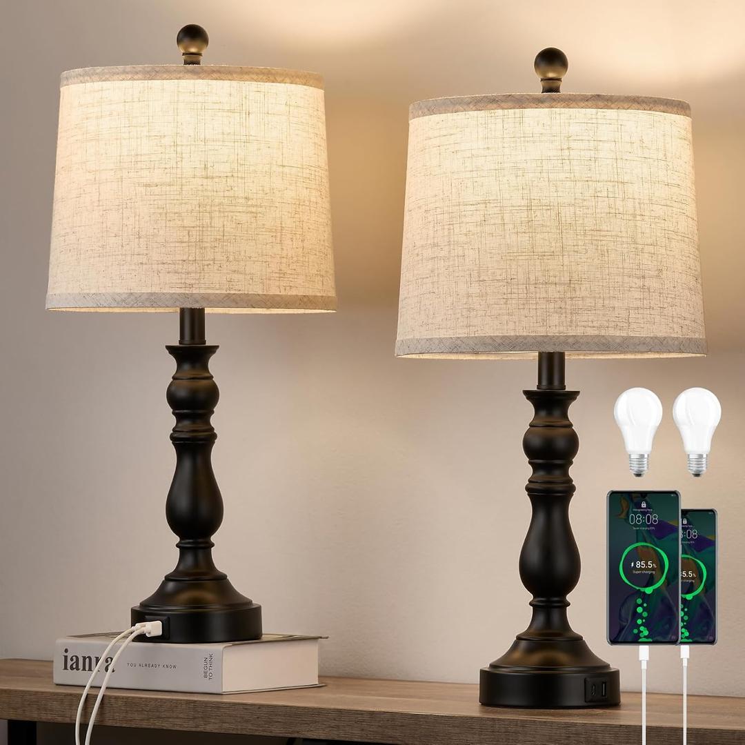 23'' Farmhouse Table Lamps for Living Room Set of 2 with USB C+A Ports, Retro Bedside Lamp for Bedroom, Office, Dining Room, Knob Switch, 3 Color Temperatures, Bulb Included, Black