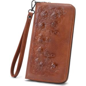 MEITRUE Womens Wallet Large Capacity Phone Clutch Purse RFID Floral Embossed Vegan Leather Travel Wallet with Wristlet Brown