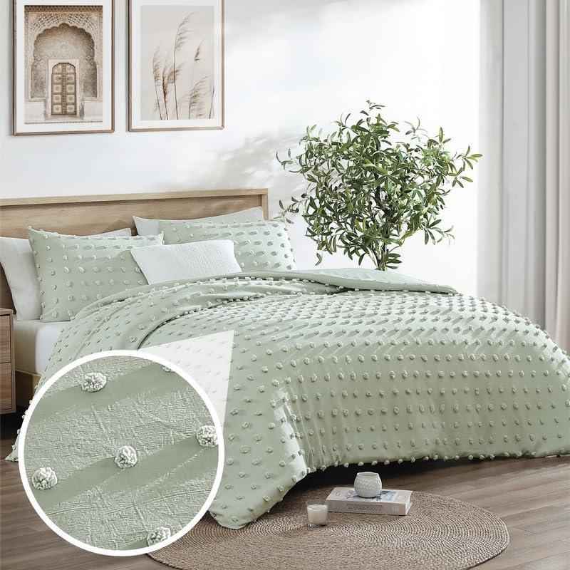 Swift Home Full/Queen Sage Comforter Set - Decorative Tufted Pom Poms Bedding Set - 3 Pieces Bed Linen, 1 Comforter and 2 Pillow Shams (Full/Queen(90" x 94"))